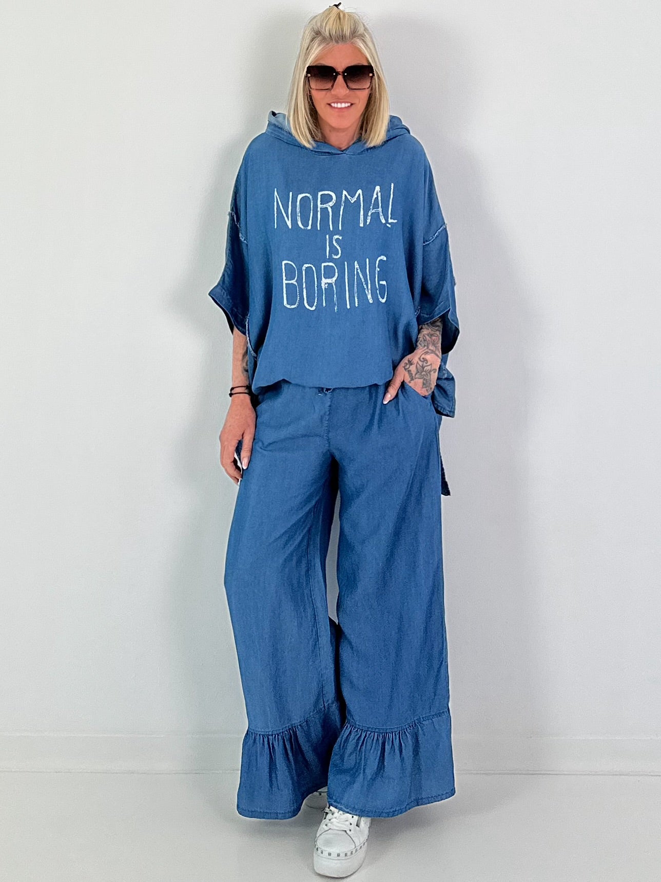 Oversized Hooded Denim Shirt - Dark Blue