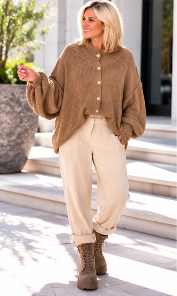 Kuschelige Oversized Strickjacke mit Außennähten - camel