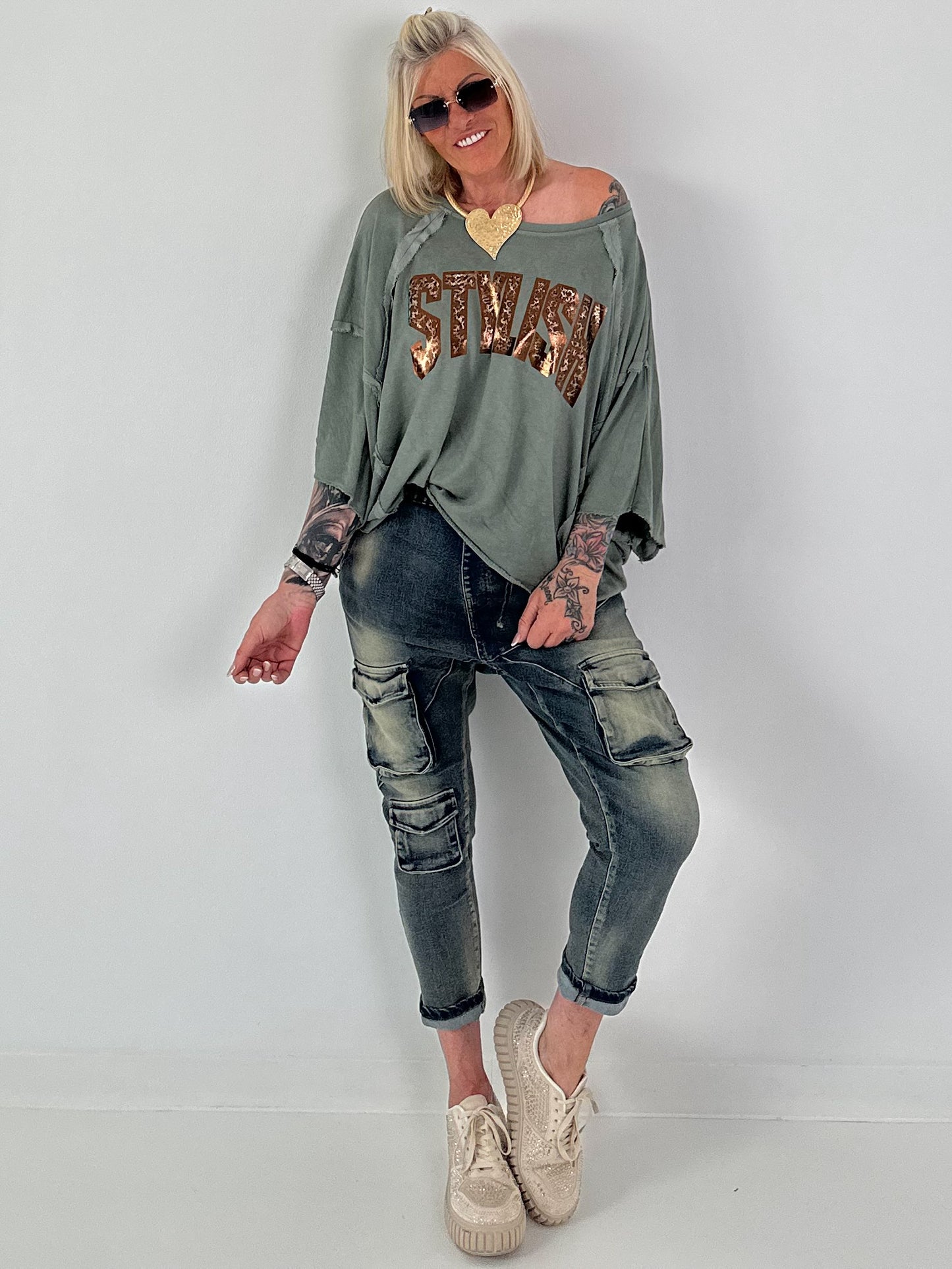 Strick Shirt mit Leo-Print - salbei