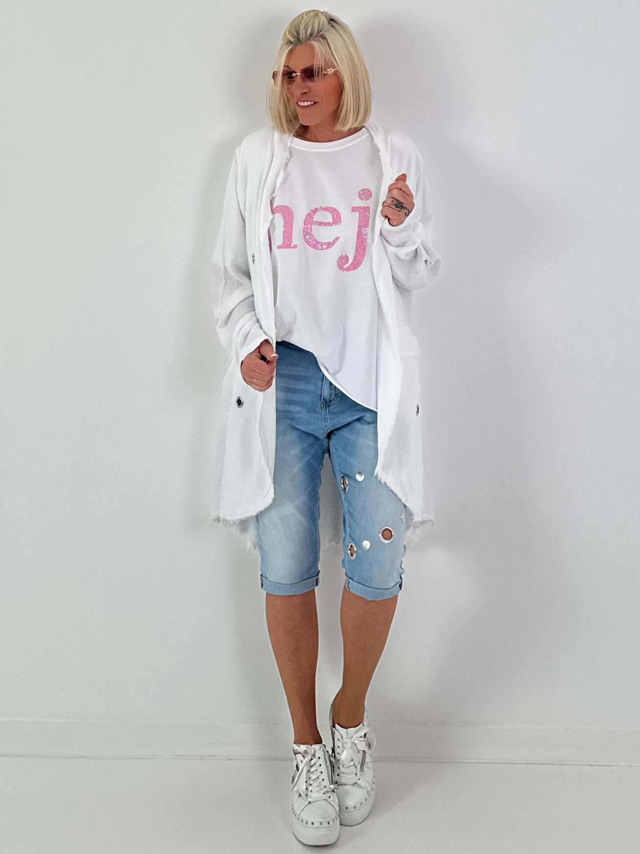 Linen Short Coat with Eyelets - white