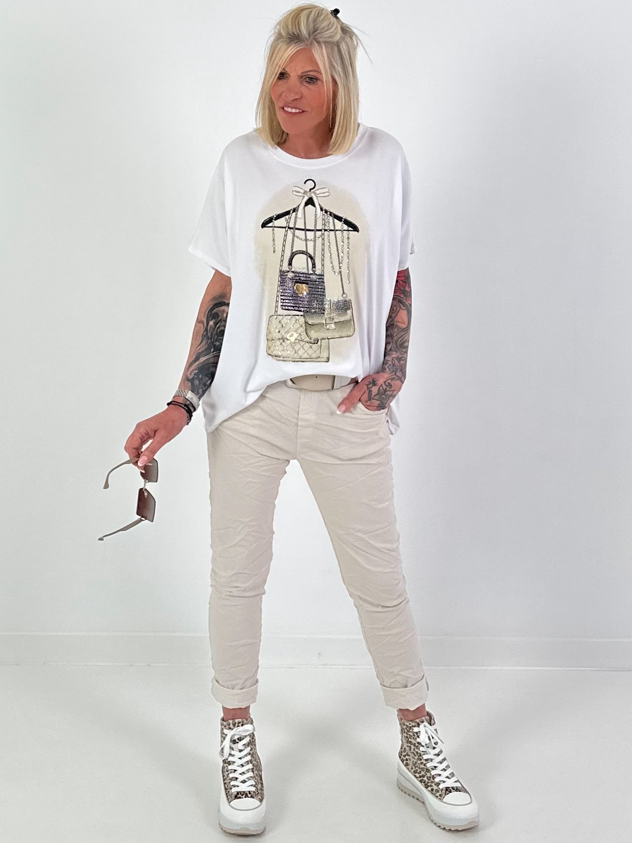 T-Shirt Glitzer-Bag - weiss-beige