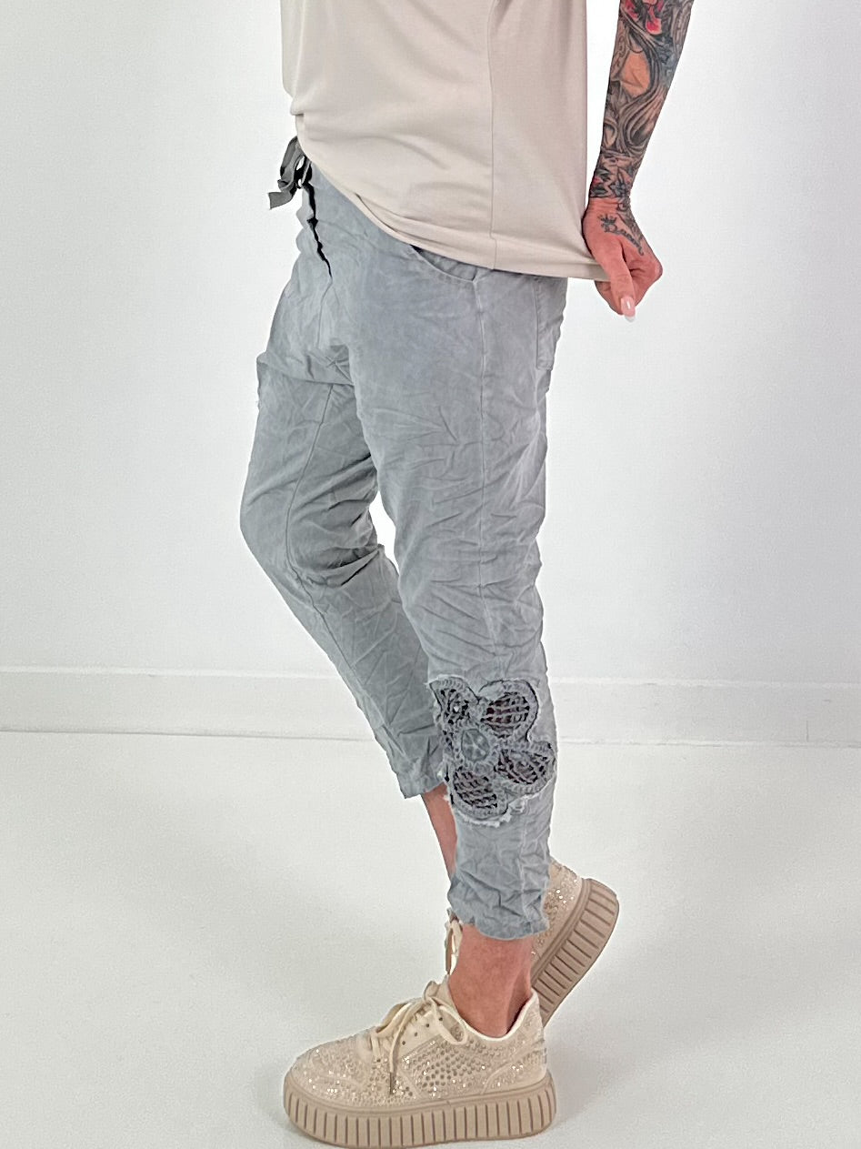 Baggy/Boyfriend Trousers with Crocheted Side Flowers - Grey