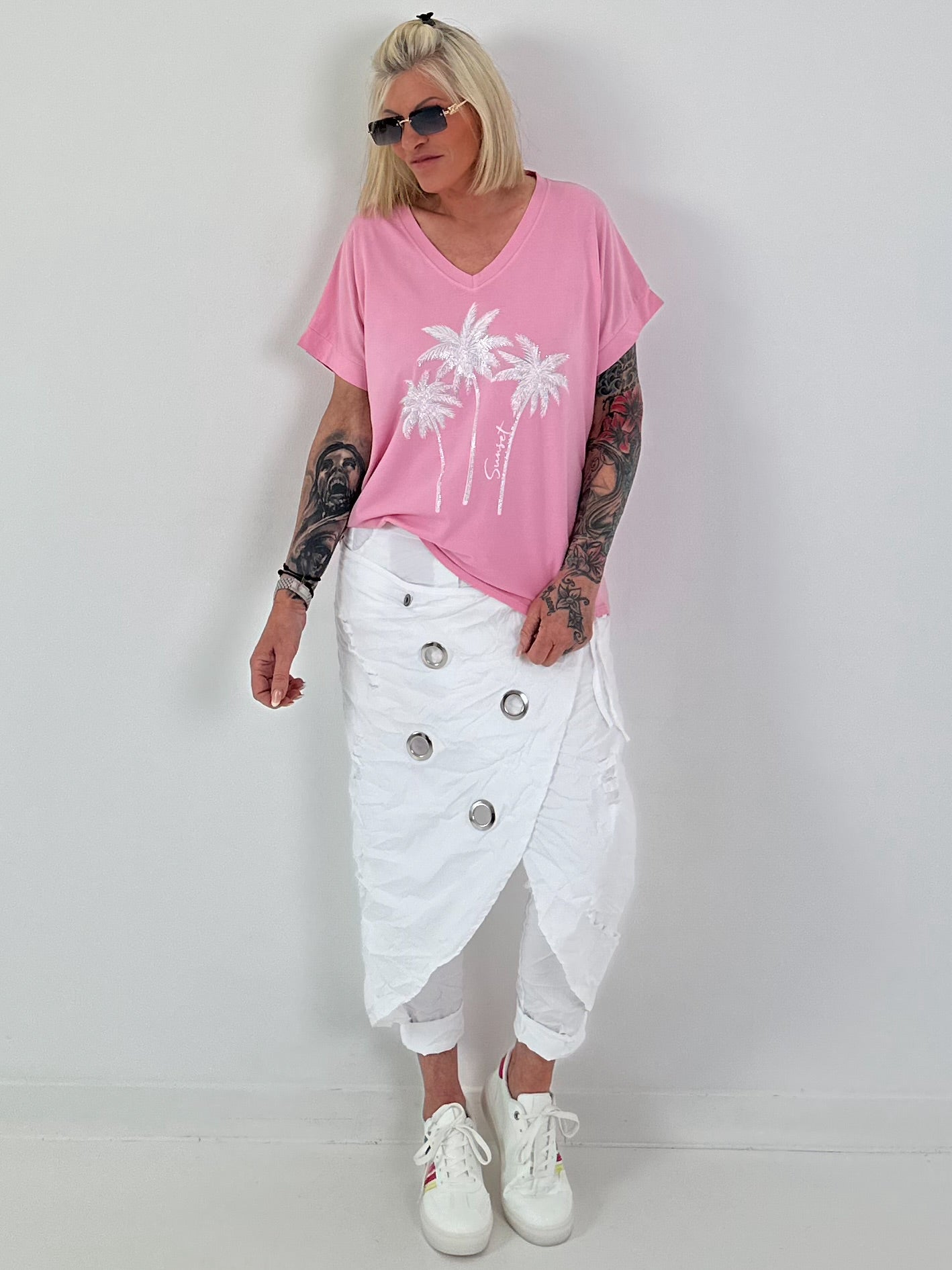 T-Shirt mit Glitzerpalmen - rosa