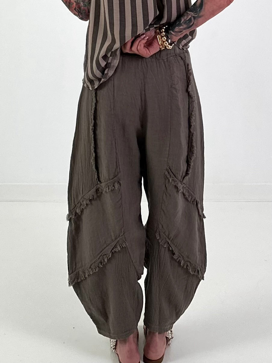 Balloon Linen Trousers with Fringe Details - taupe
