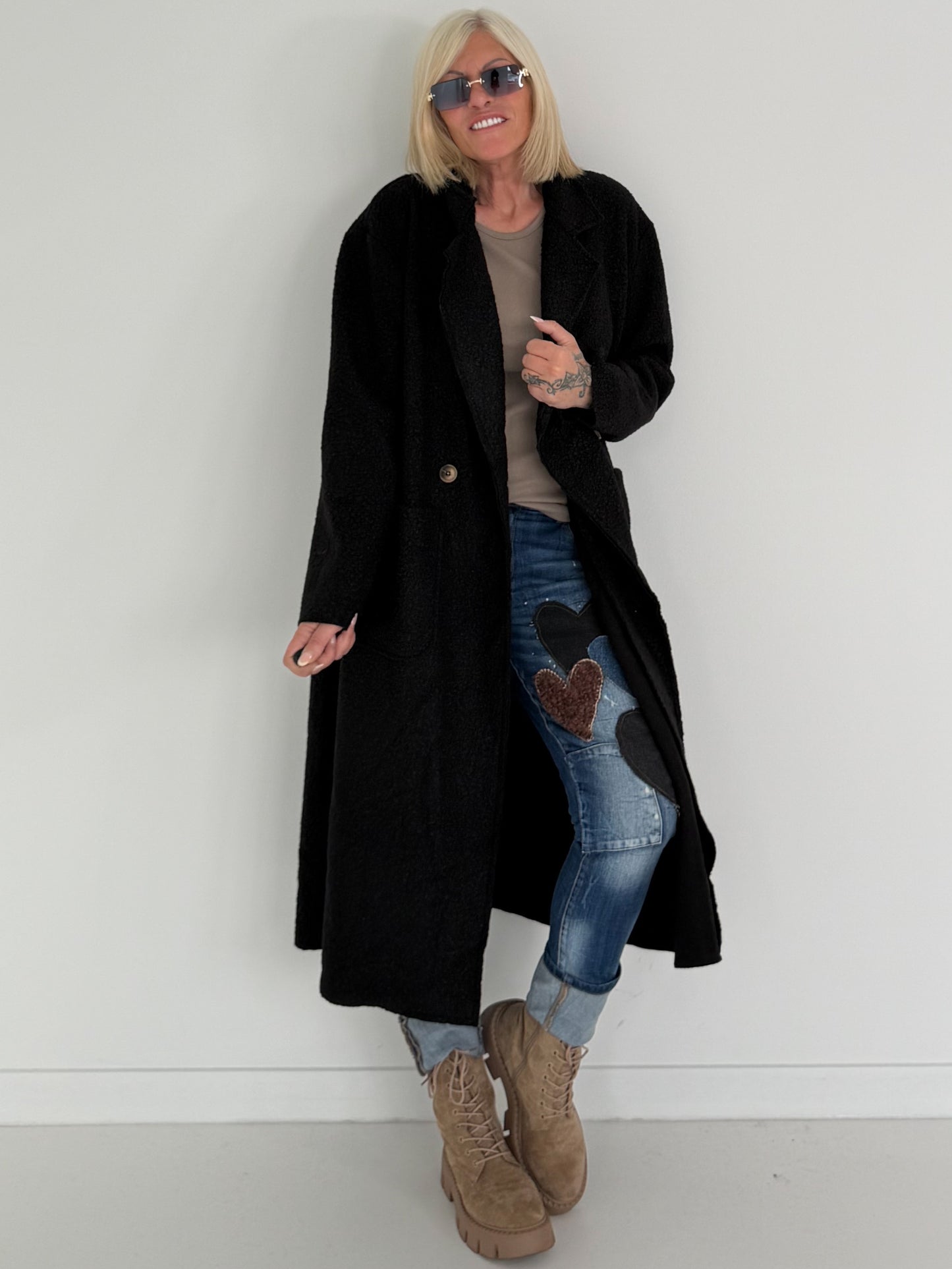 Weicher Bouclé Mantel - schwarz