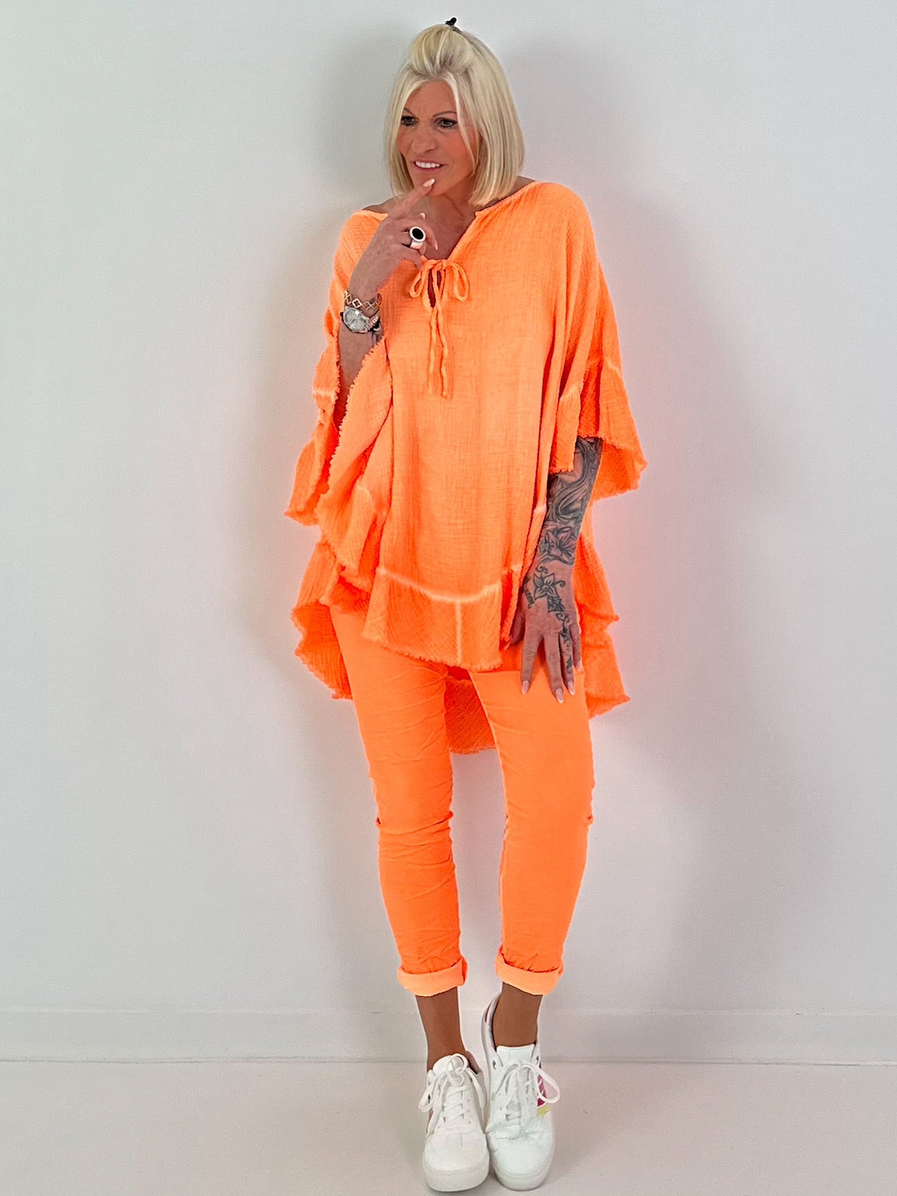 Muslin Tunic with Ruffles - neon orange