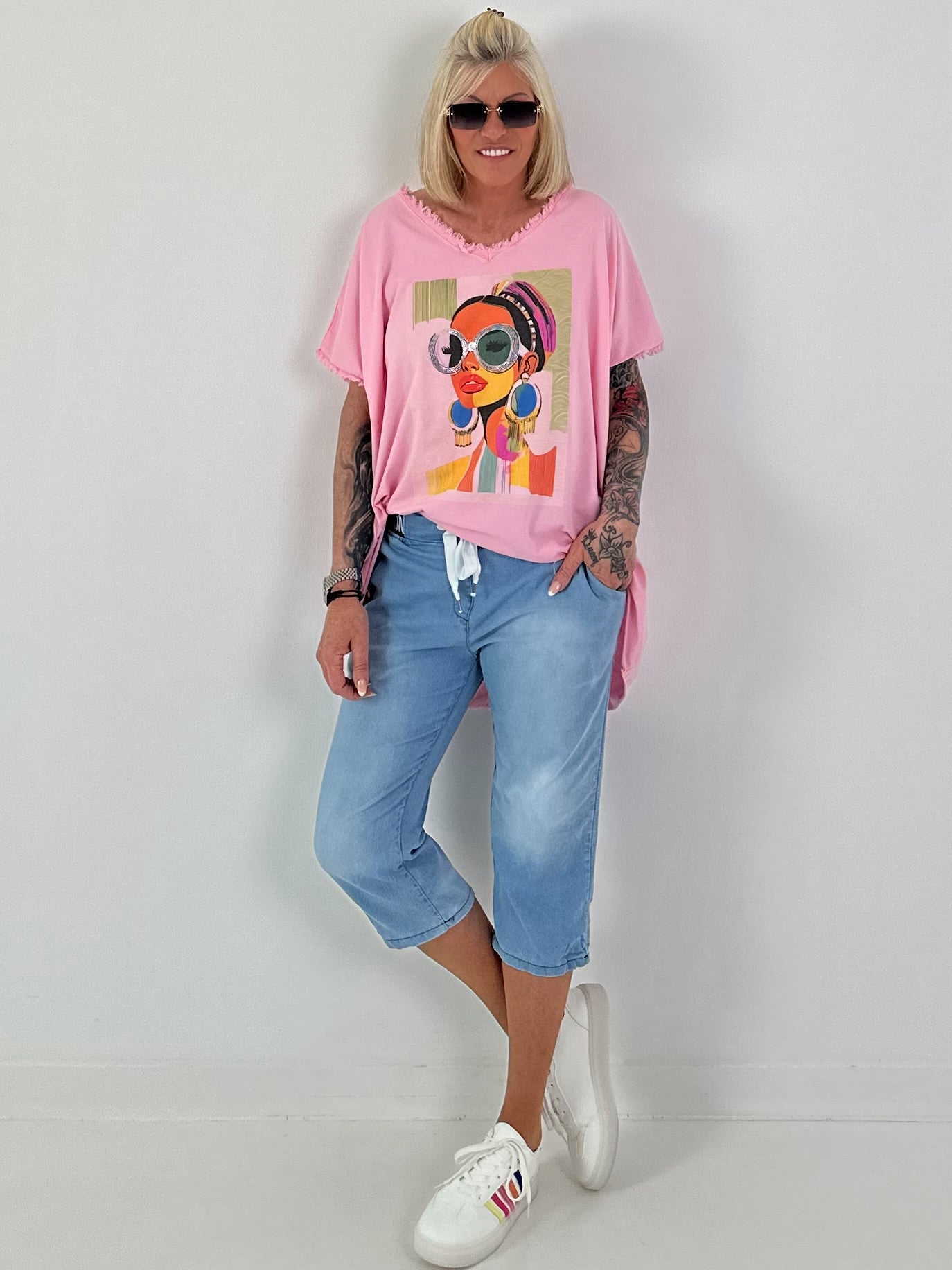 Oversized Shirt with Front Print - Pink