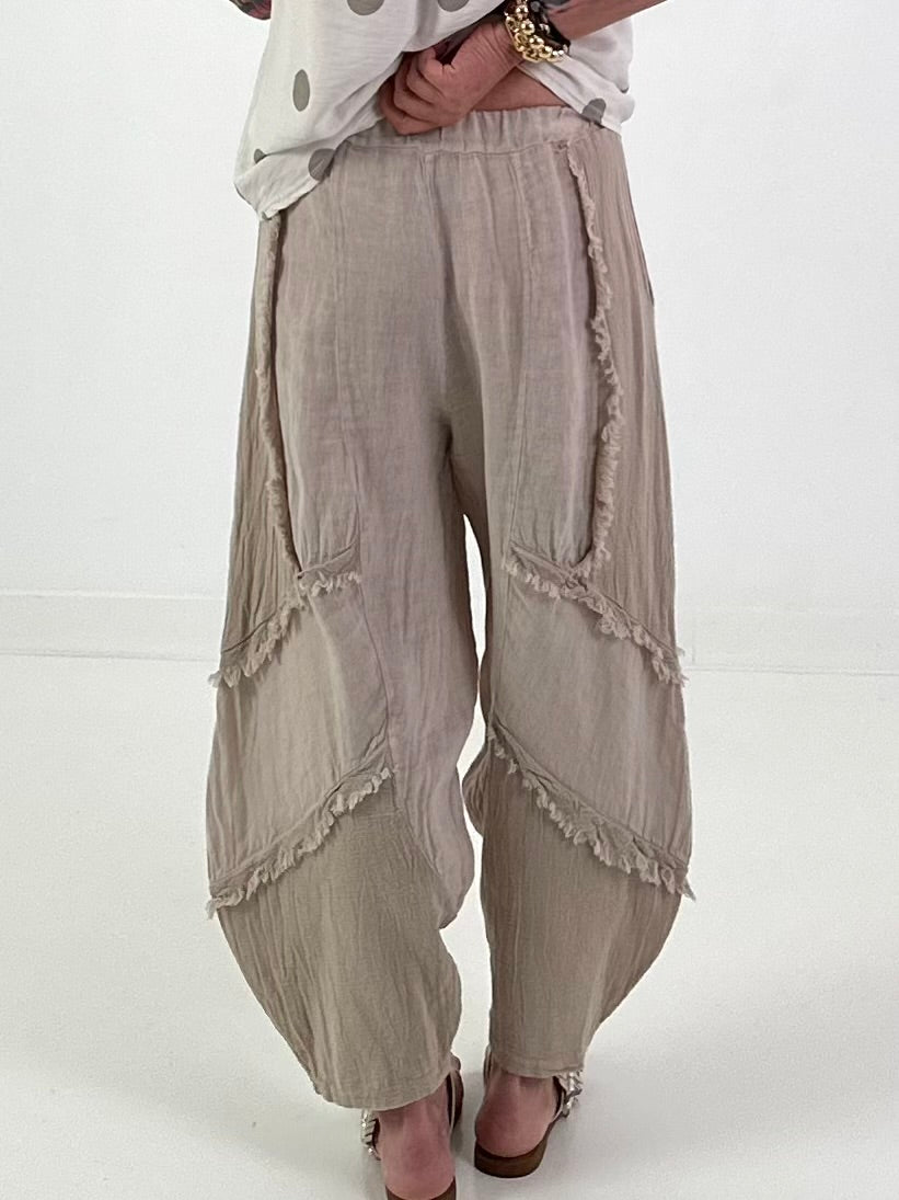 Balloon Linen Trousers with Fringe Detail - Beige