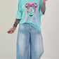Oversized T-shirt met print op de voorkant - turquoise