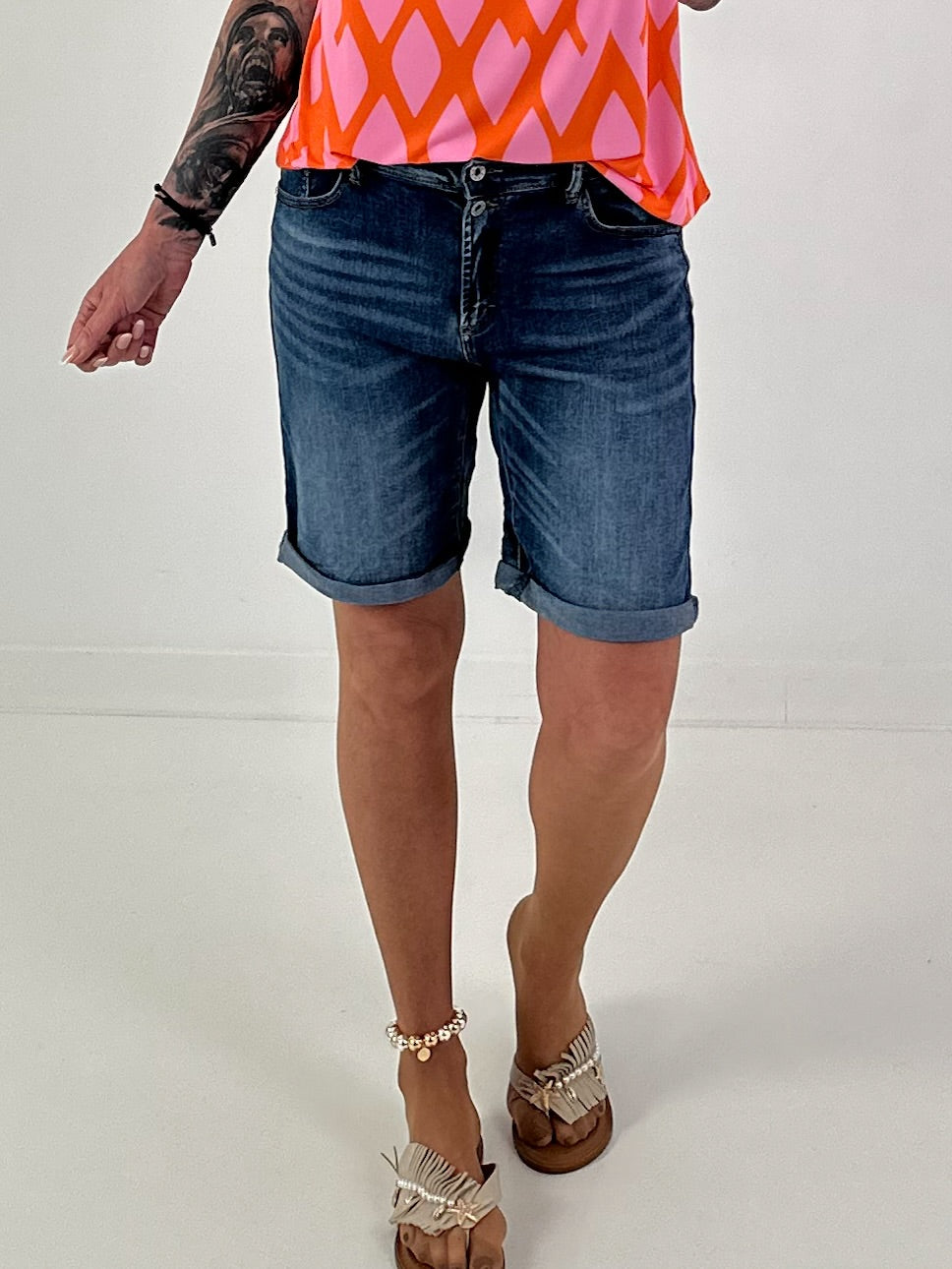 Jeans-Short mit umgeschlagenem Saum - dunkelblau