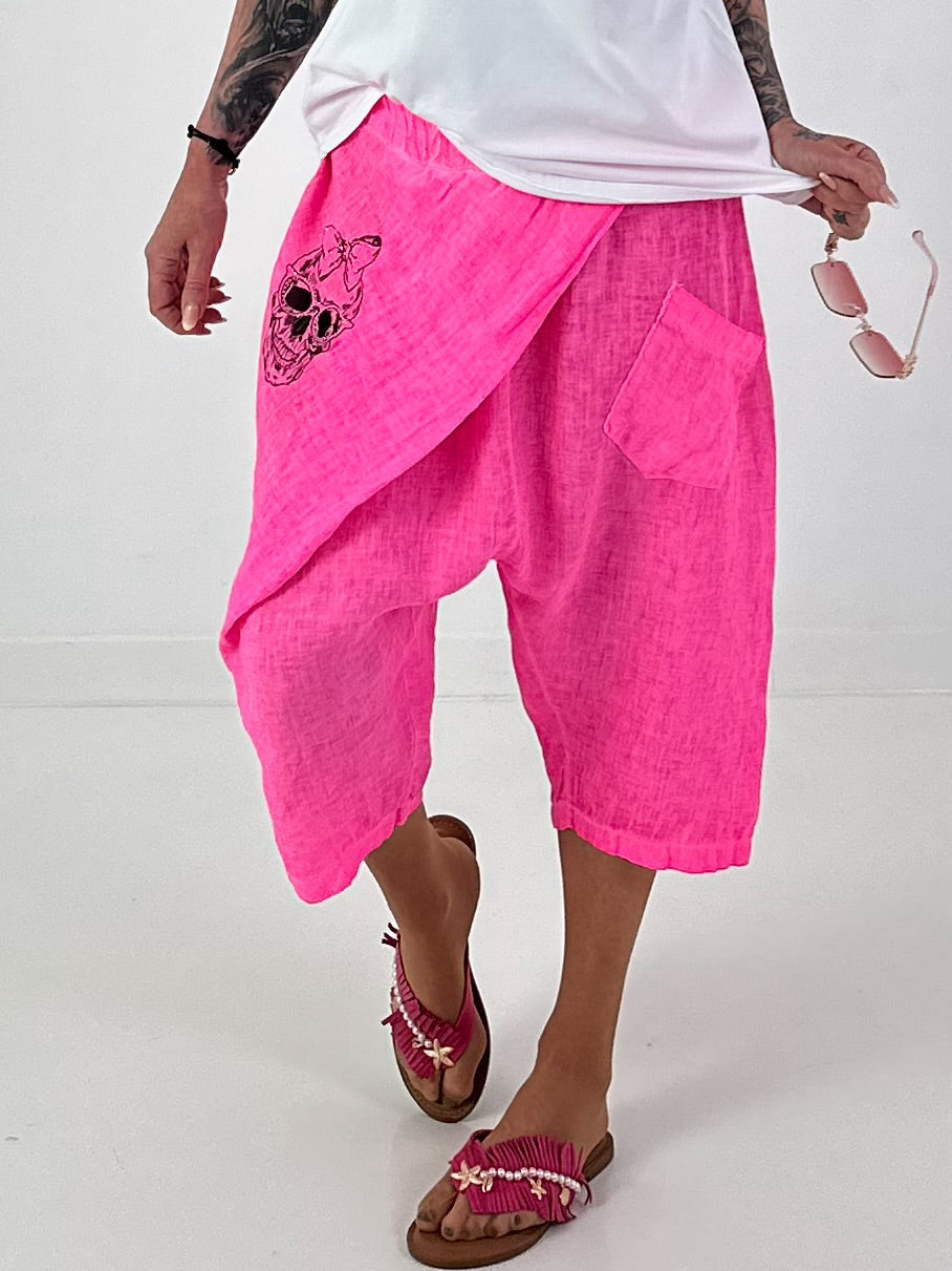 Short Linen Baggy with Overlay and Skull Detail - neon pink