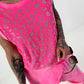 Ripp Top mit Glitzer Leo - neonpink