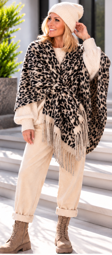 Poncho / Überwurf mit Fransen im Leo-Look - beige-leo