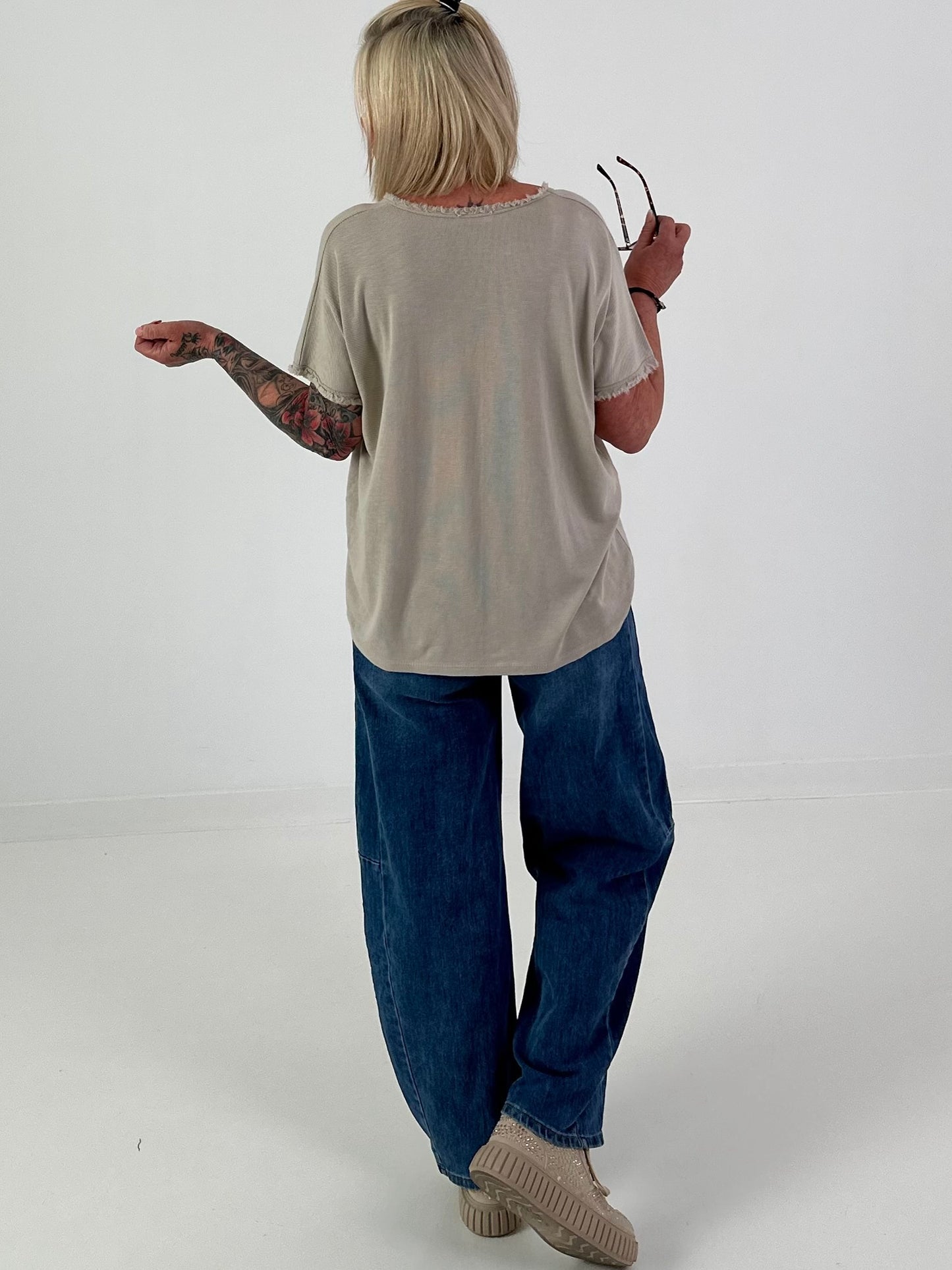 Ribbed Shirt with Fringe Details - beige
