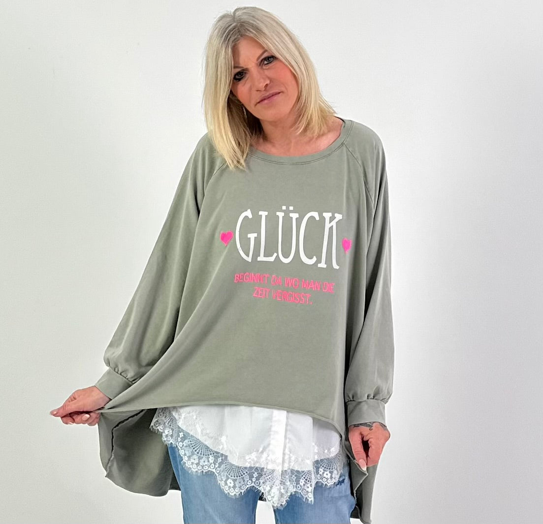 Oversized stonewashed Sweatshirt Modell "Glück..." - khaki