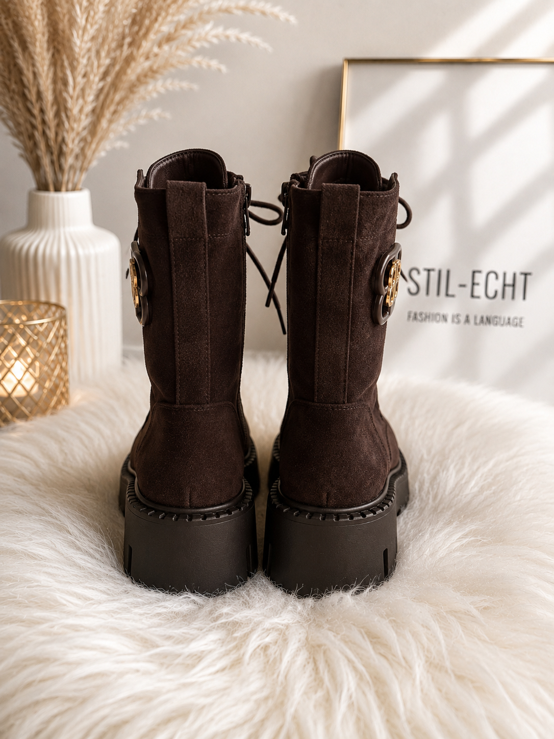 Suede-look ankle boot with chunky sole - chocolate