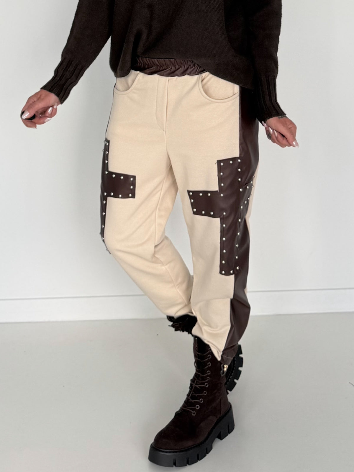 Sweathose im Materialmix - beige-mokka