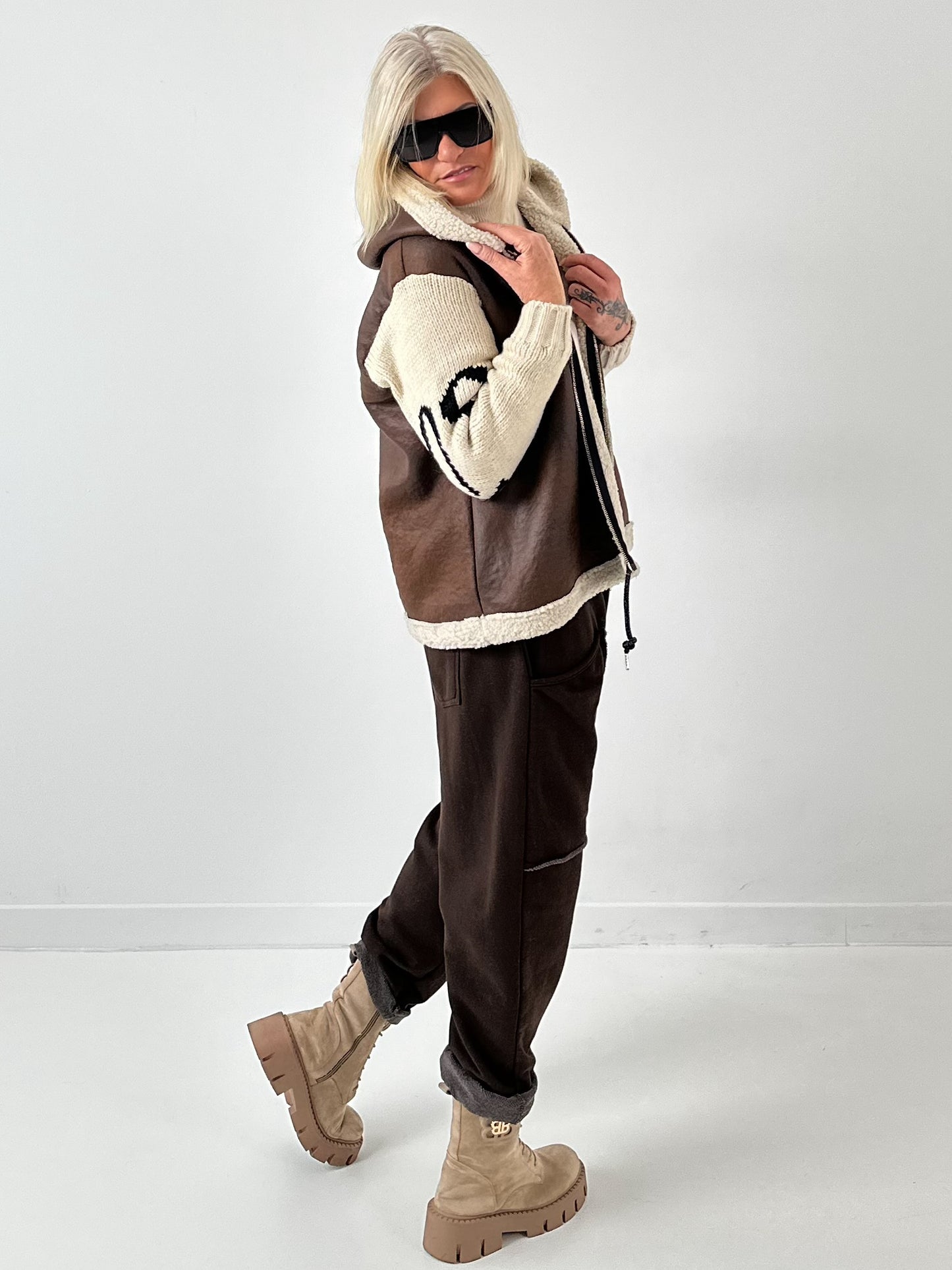 Lamb nappa imitation jacket with knitted sleeves model "Jana" - mocha