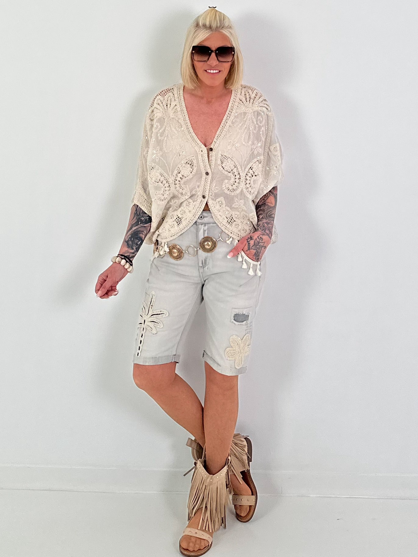 Boho blouse with elaborate crochet inserts - beige