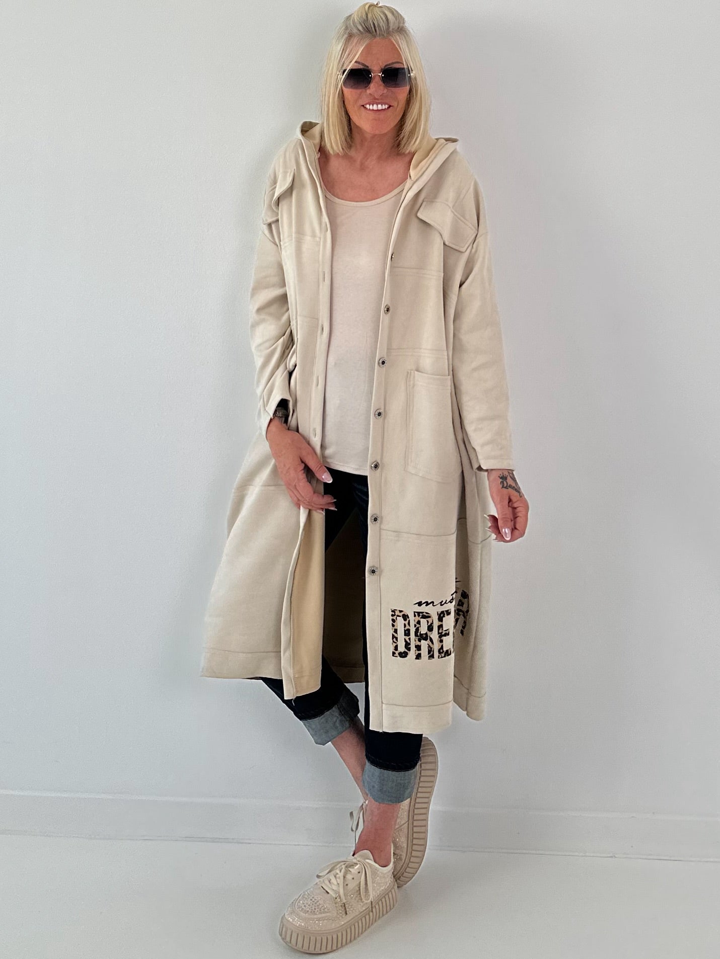 Hooded coat with print - beige