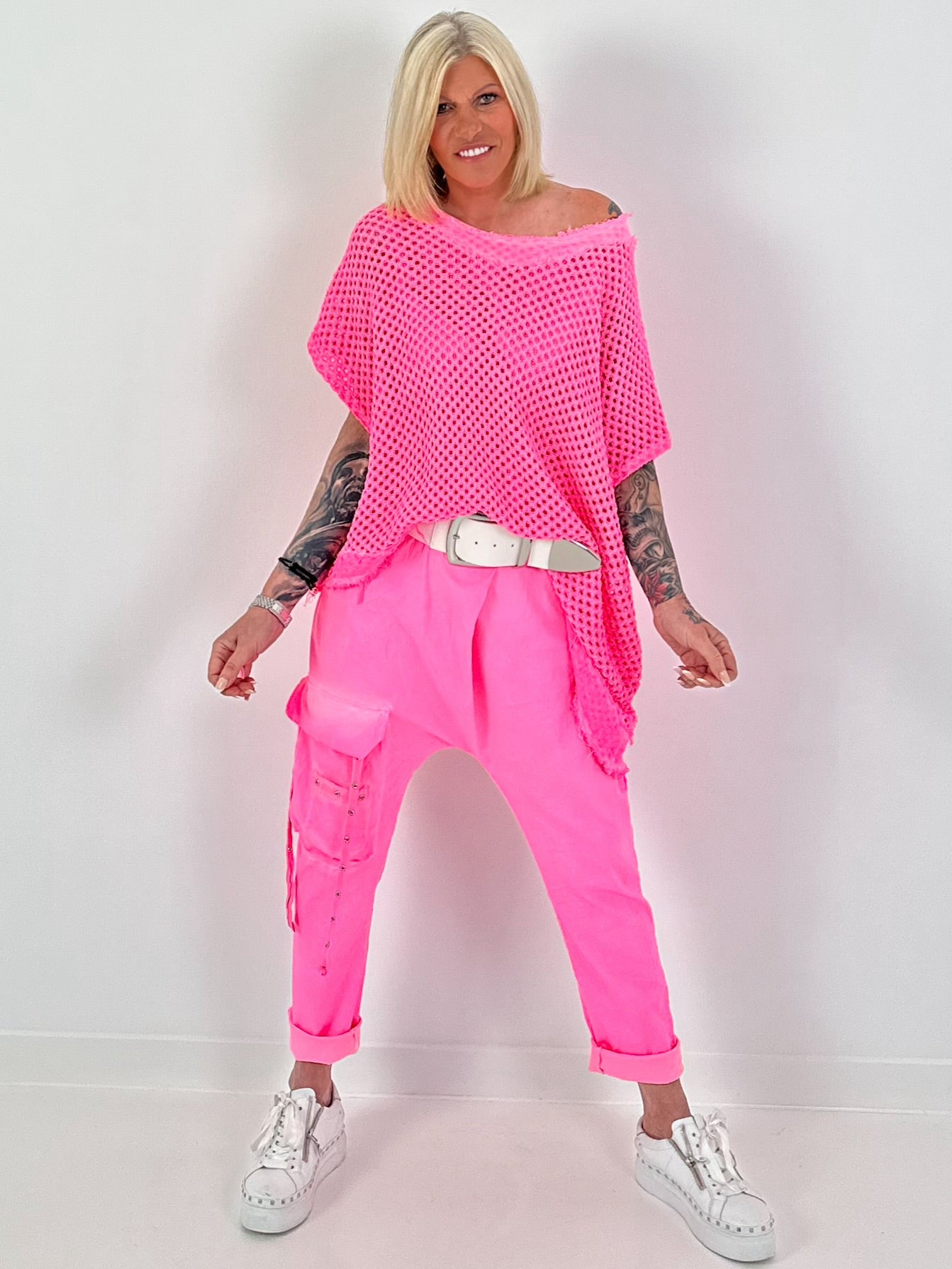 Häkelshirt mit Fransen asymmetrisch - neonpink