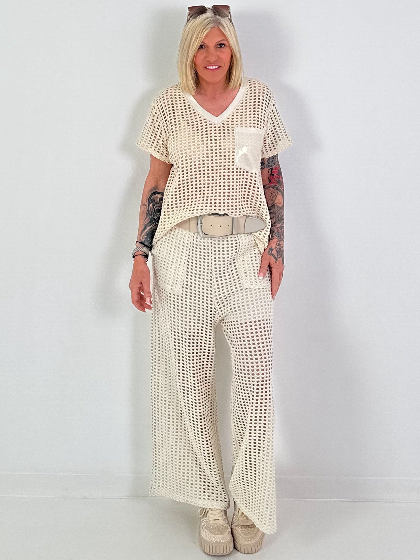Crochet Top with Lurex - beige