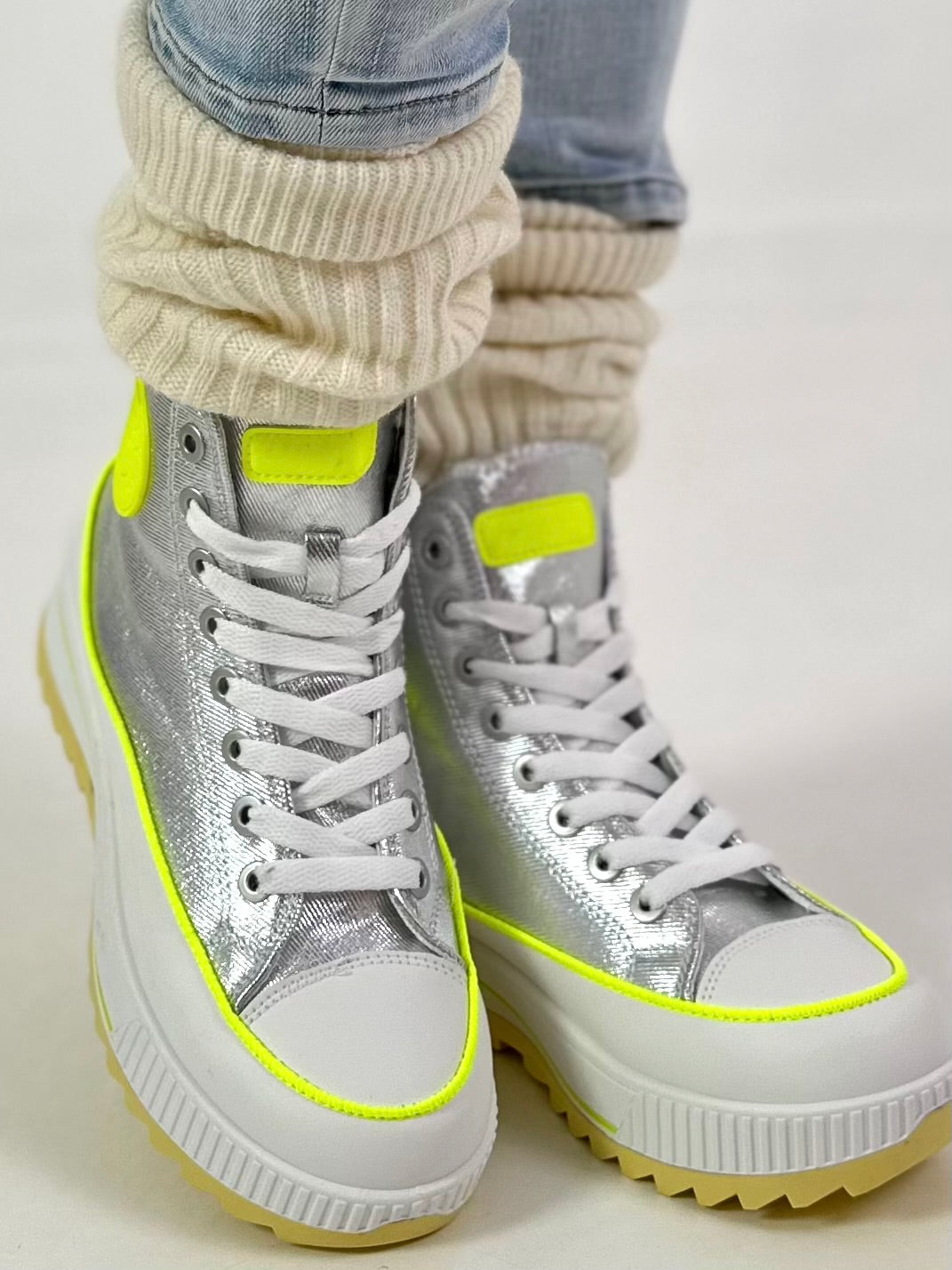 High-top sneaker model "Cat Boost" - silver-neon yellow