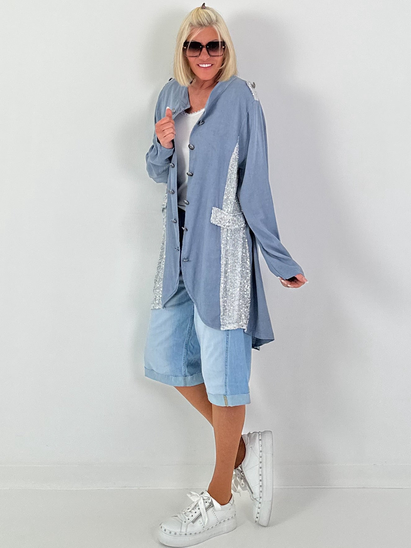 Oversized Linen Military Blazer - dove blue