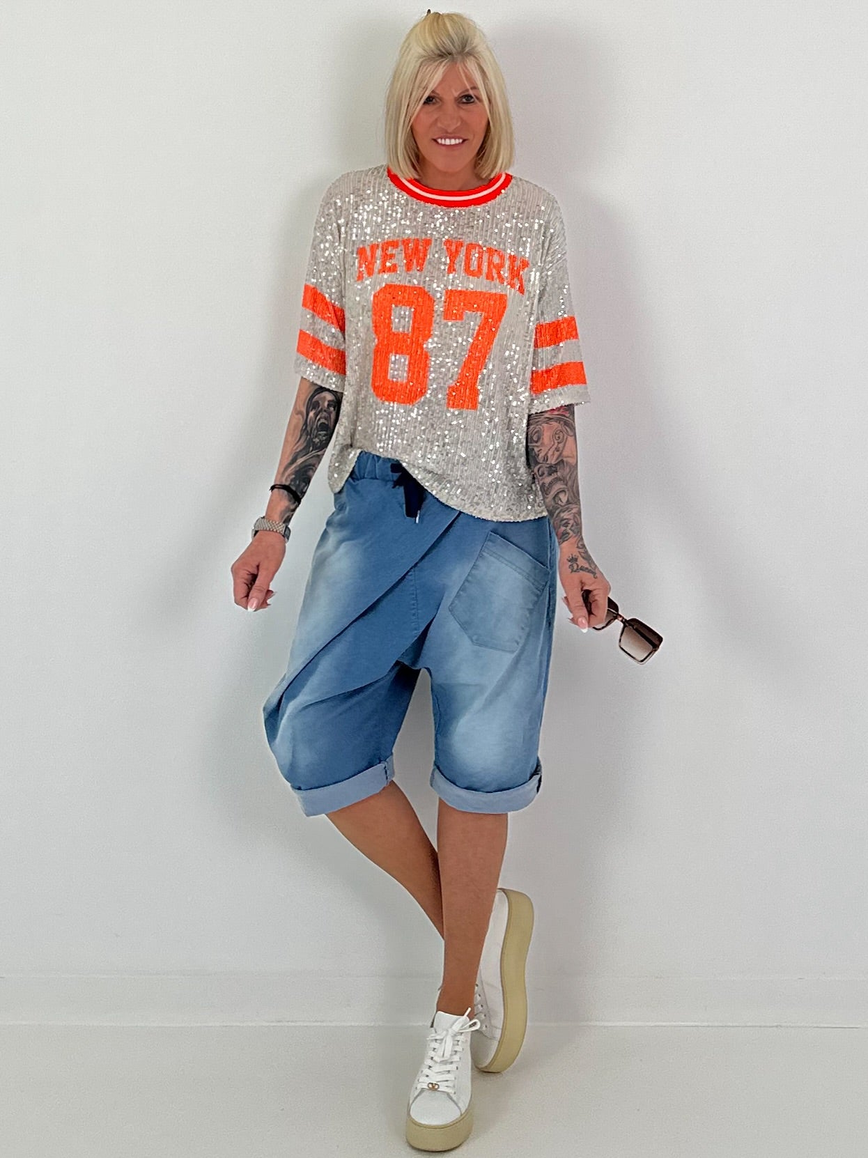 Sequin Shirt New York - silver-neon orange