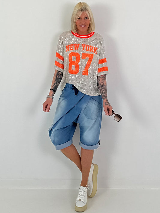 Pailletten T-shirt New York - zilver-neonoranje