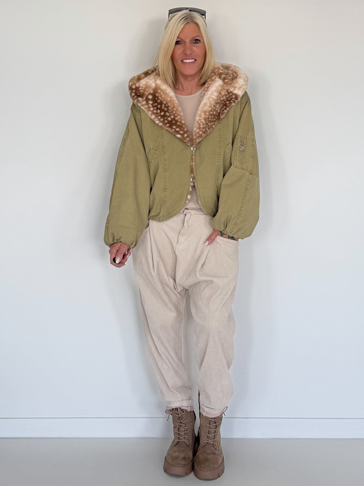 Bomberjacke mit Fake Fur Einsatz - khaki-mehrfarbig