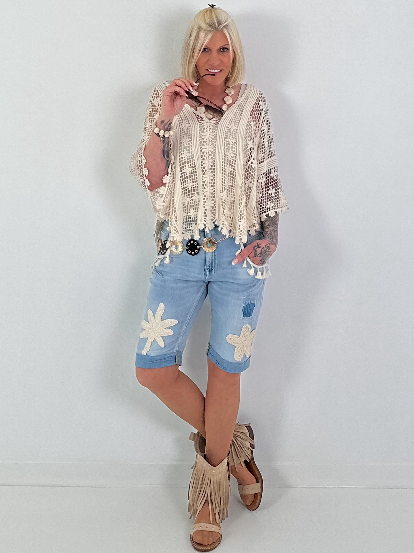 Häkelpulli mit Bindeband am Rücken - beige