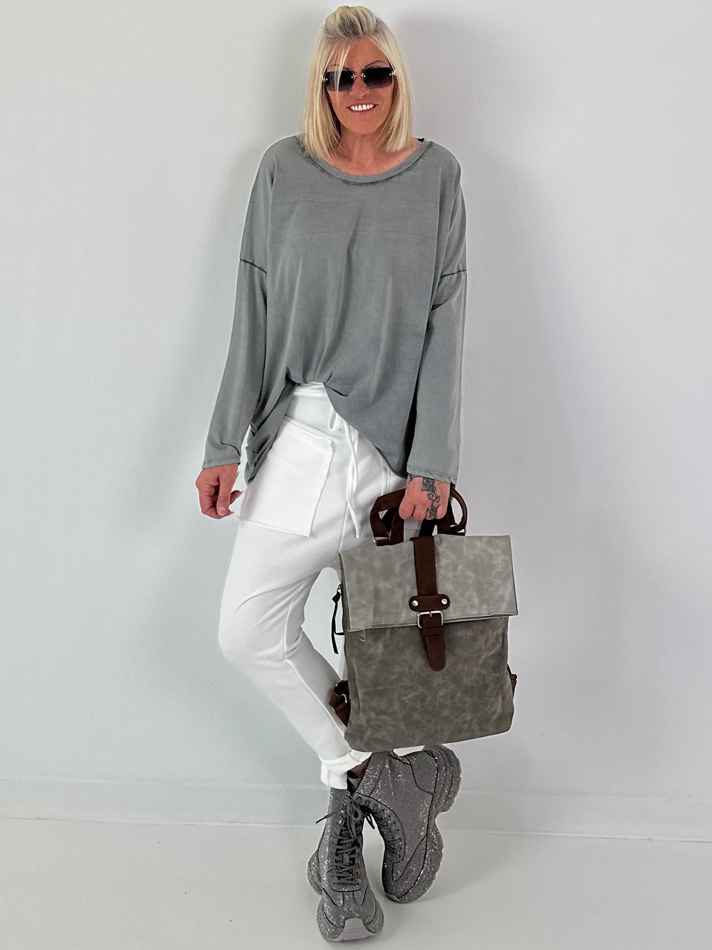 Sweatshirt Baggy mit aufgesetzten Taschen - weiss