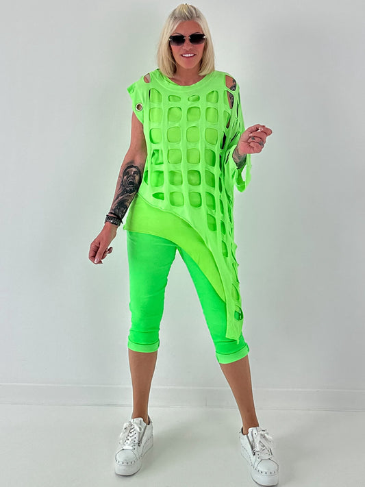Shirt mit All-Over Cut-Outs und Ösen - neongrün