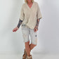 Linen shirt with crocheted flower appliqué - beige