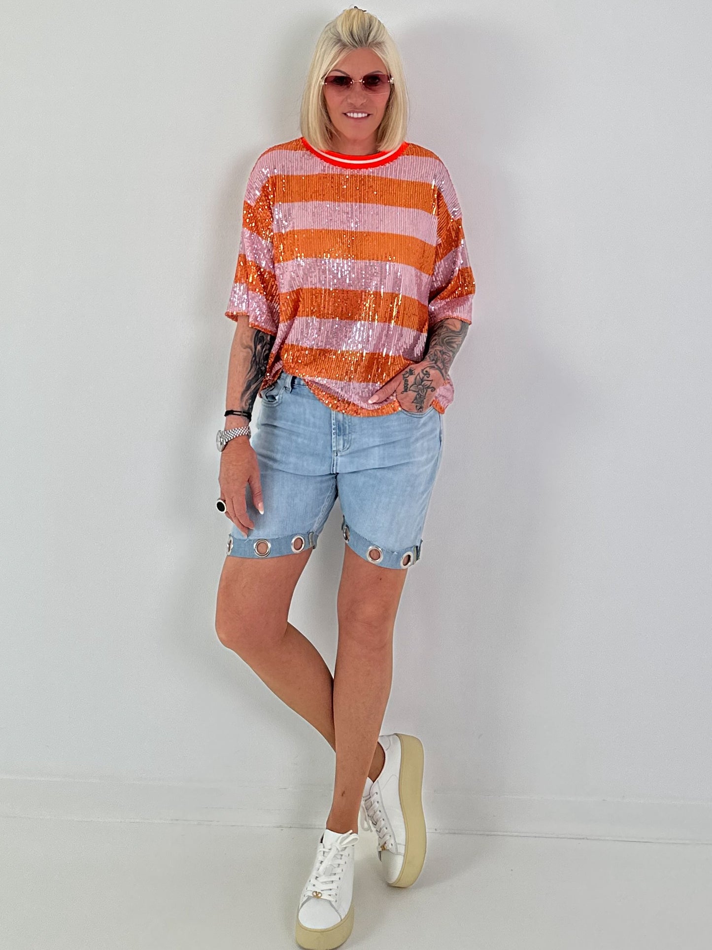 Pailletten Shirt mit Streifen - rosa-orange