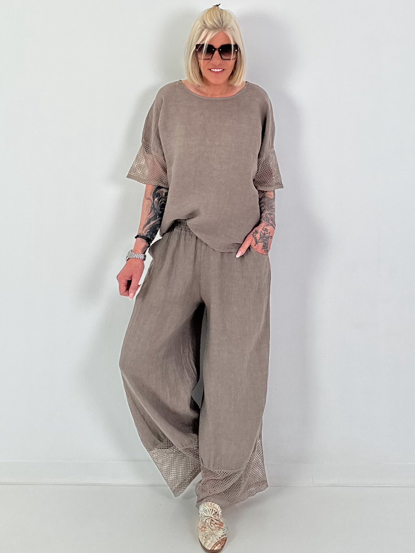 Leinen Shirt mit kurzen Ärmeln - taupe