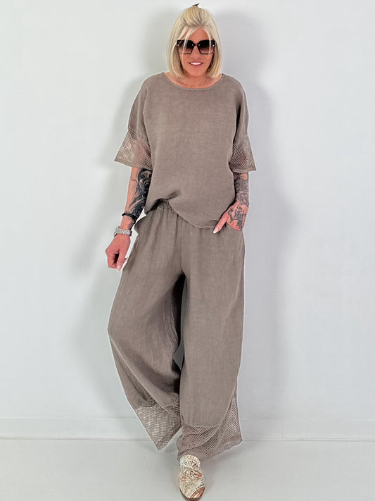 Leinen Shirt mit kurzen Ärmeln - taupe