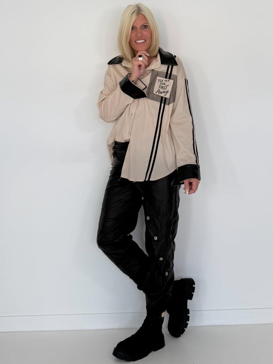 Shirt blouse with leather-look elements and statement patch - beige