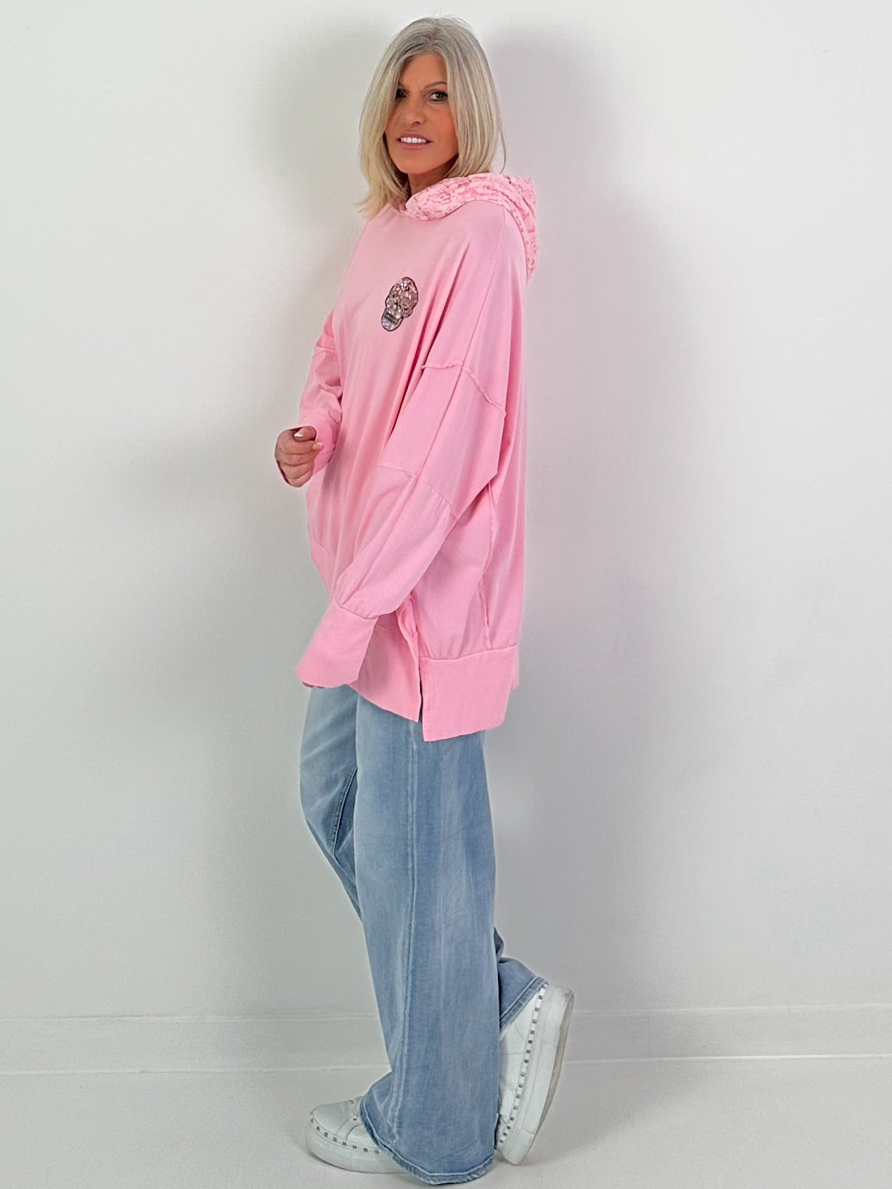 Oversized Hoodie mit Spitzenkapuze - rosa
