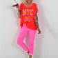 Knitted sweater with short sleeves NYC - neon orange-neon pink
