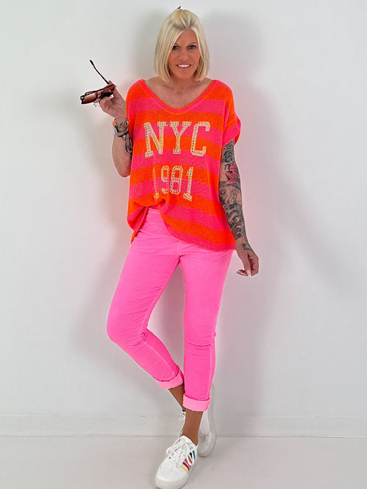Knitted sweater with short sleeves NYC - neon orange-neon pink