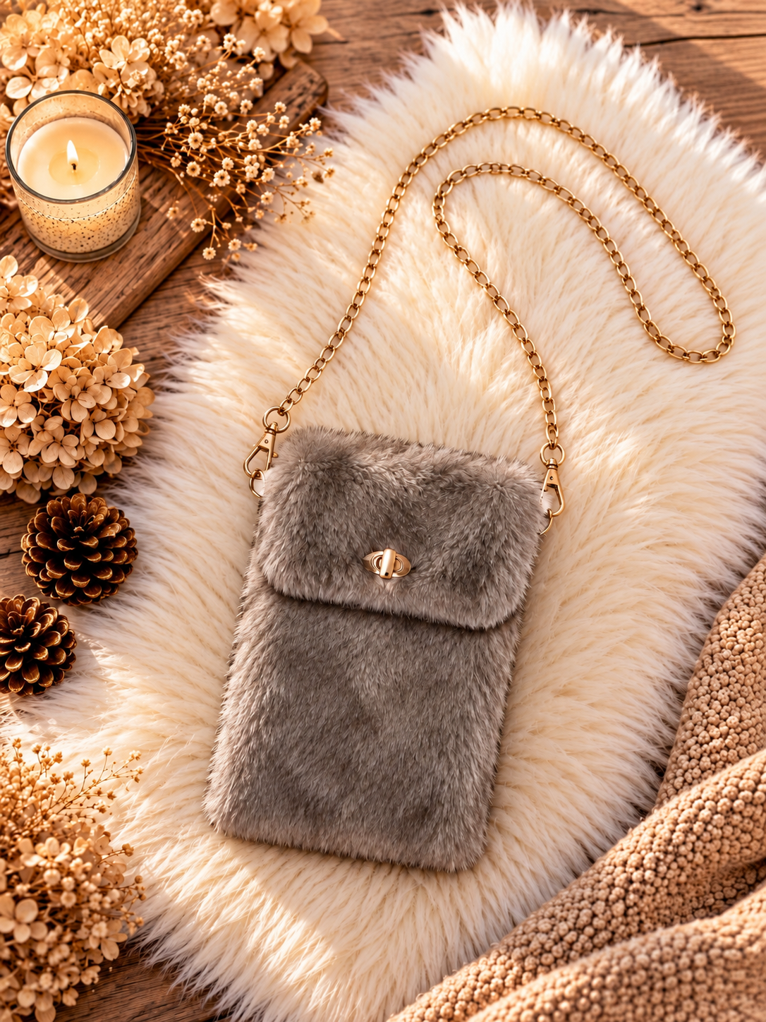 Kleine Felltasche / Phone Bag mit Twist Lock Verschluss - taupe
