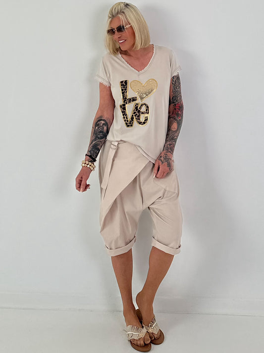 Love T-shirt with leopard and sequin details - beige
