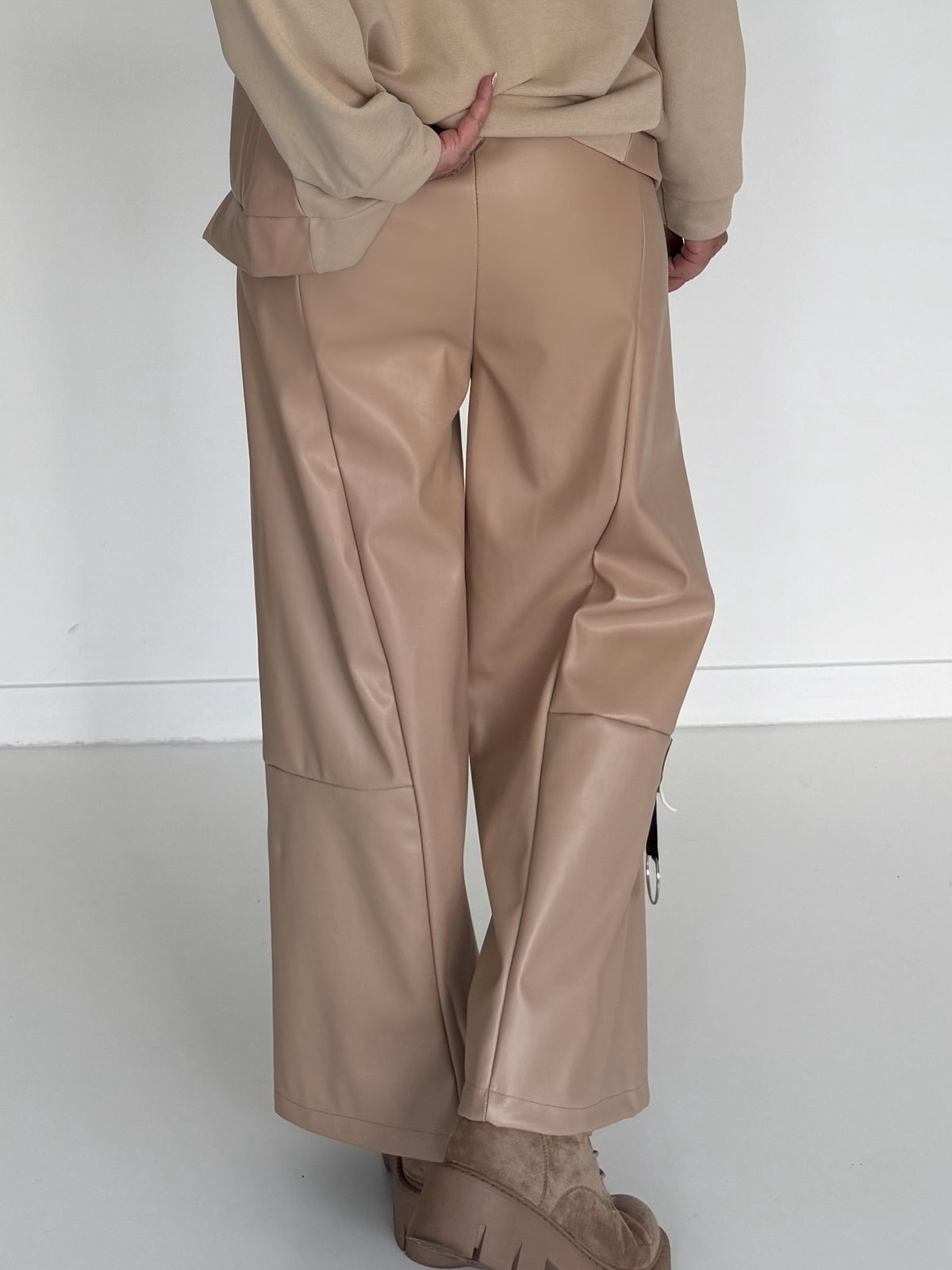 Vegan Leather Wide-Leg Trousers - Beige