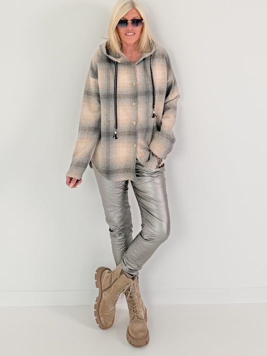 Checked shirt jacket with hood - beige-grey-multi-coloured