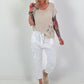 Leinen Shirt mit floralem Häkeleinsatz - beige