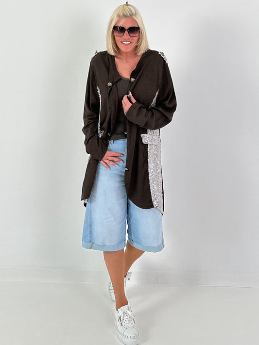 Oversized Leinen-Military Blazer - schoko
