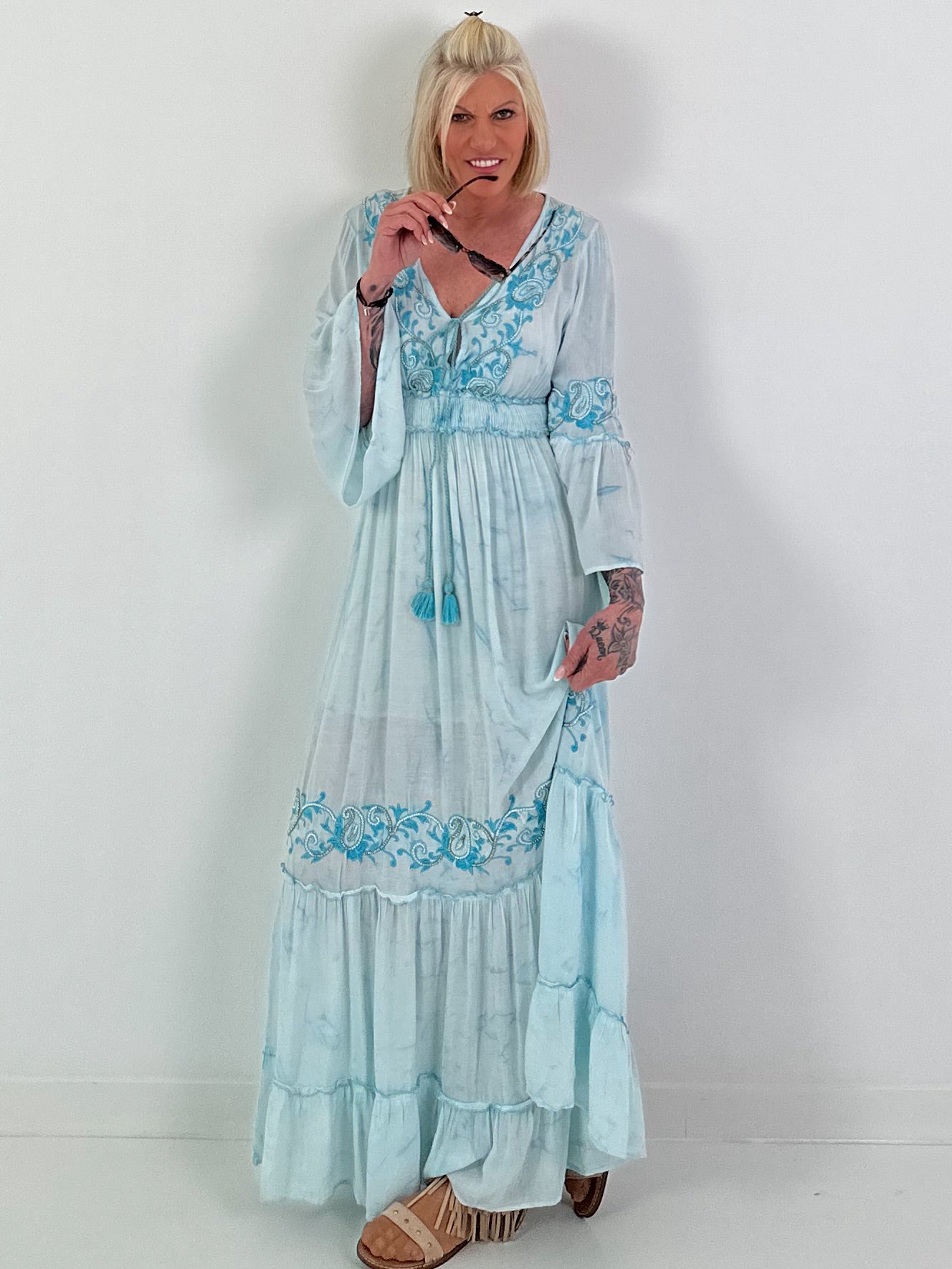 Boho/Ibiza dress with decorative V-neck - light blue
