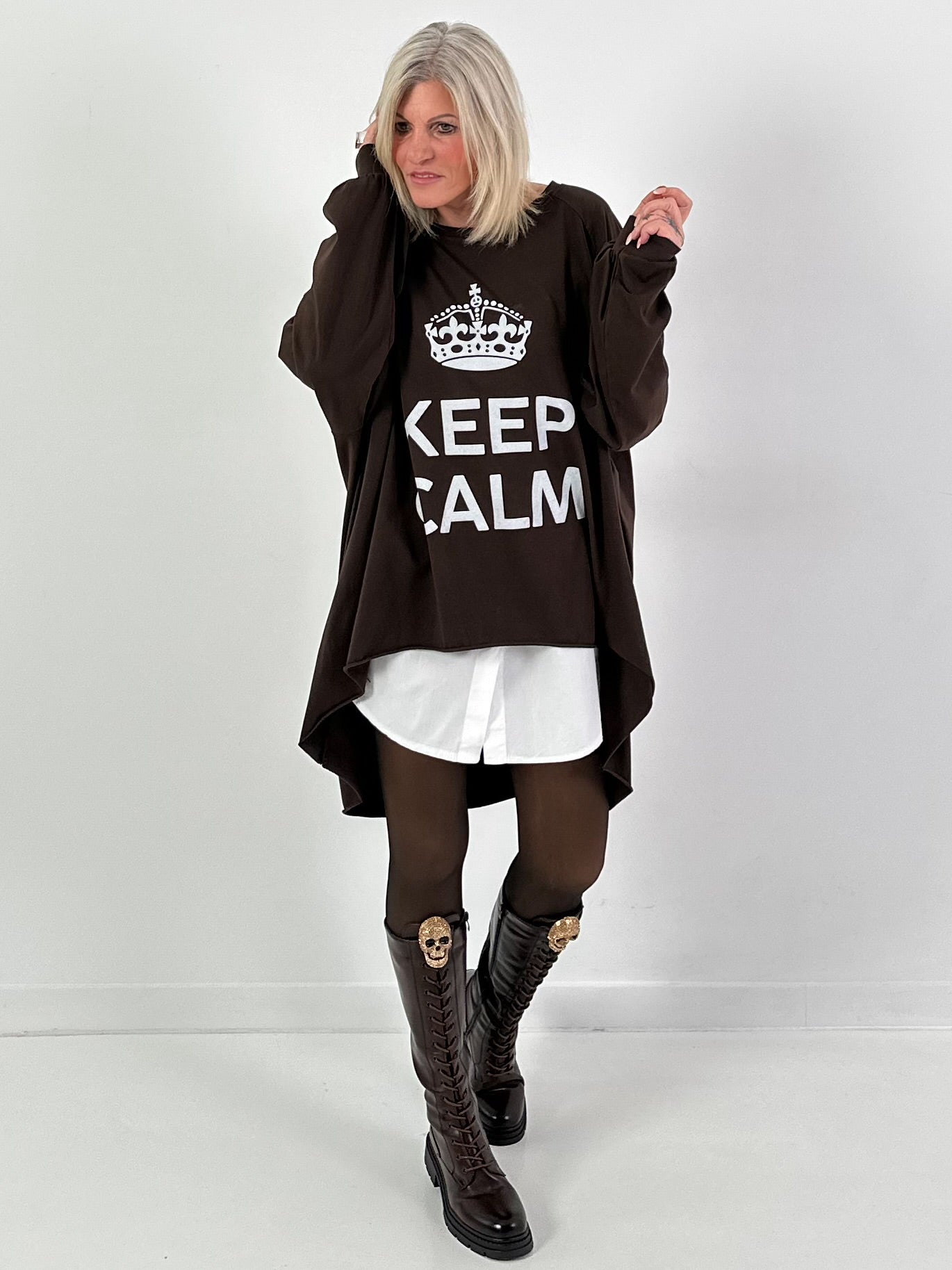 Oversized shirt model "KEEP CALM" - coffee